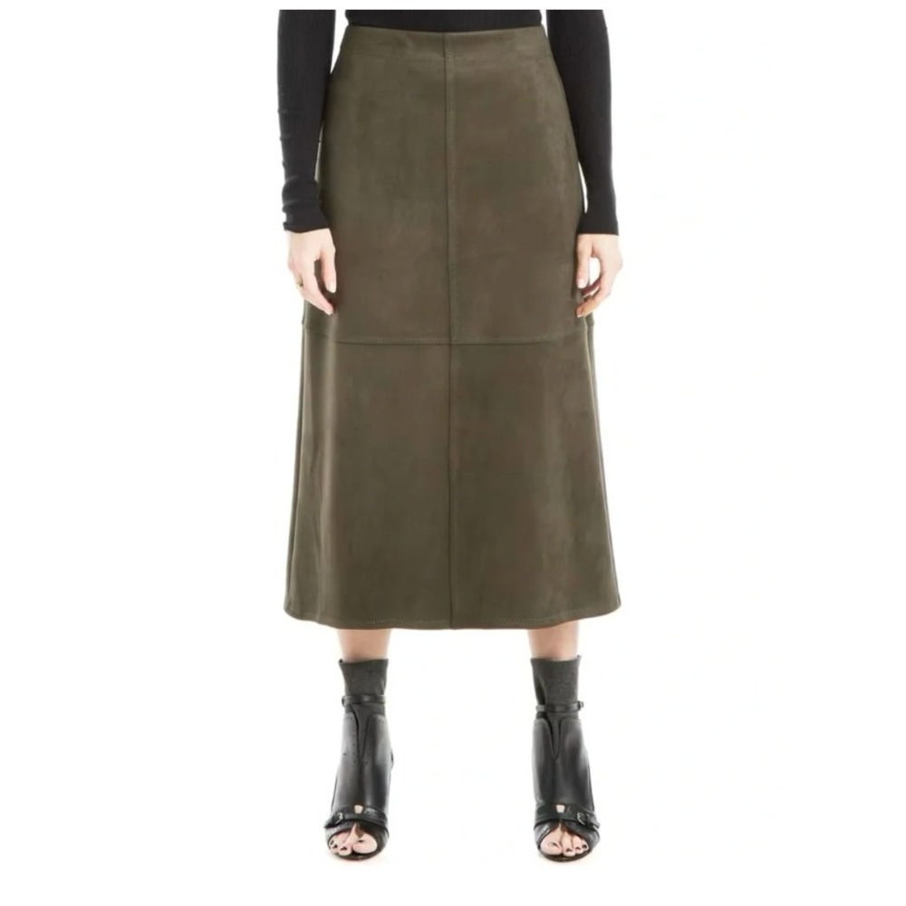 MAX STUDIO Midi Skirt Loden Green Faux Suede Women's Size Medium NWT Fall Chic